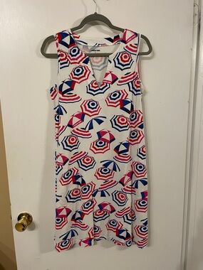 Lands' End White Tank Dress with Navy & Pink Geometric Print